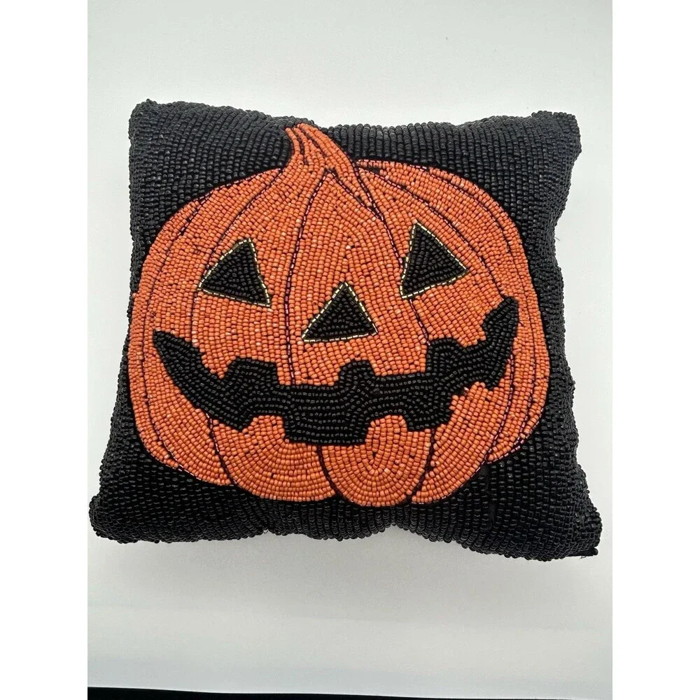Beaded Jack O’Lantern Pumpkin Pillow 12x12 Handmade Halloween Decor Heavy